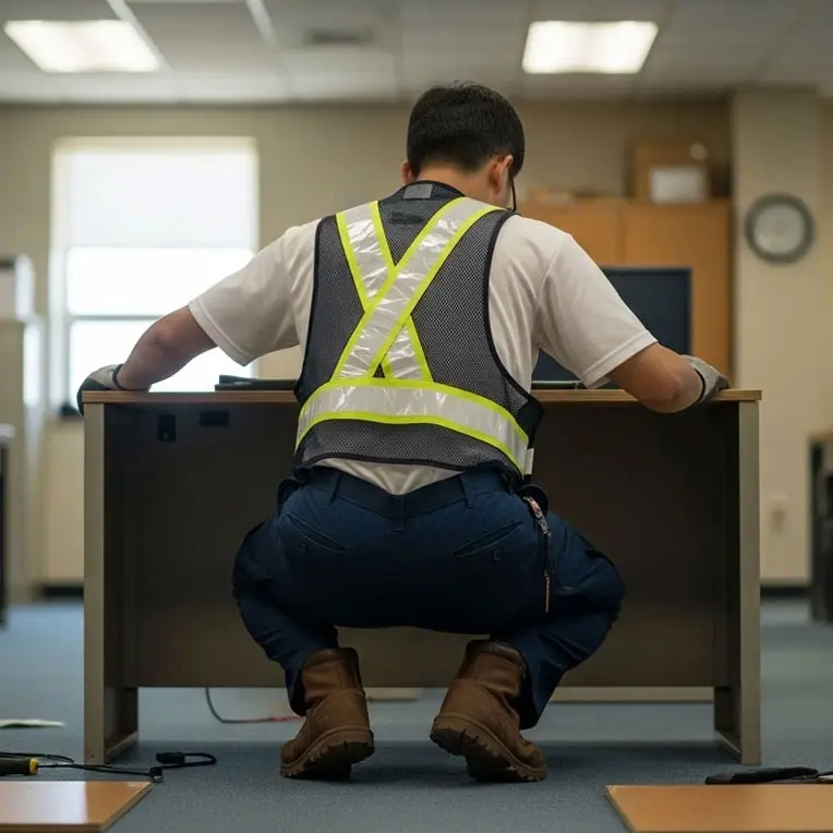 Installer in a safety vest assembling an office desk